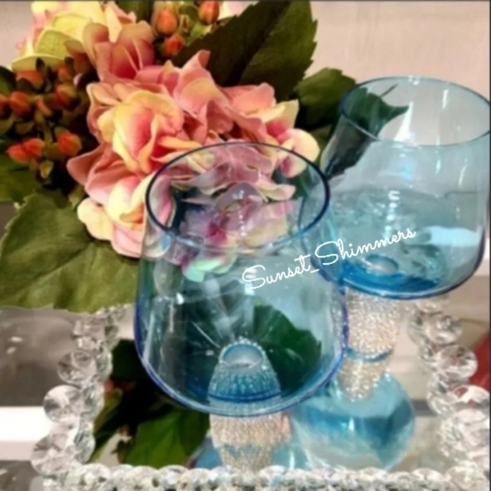 2 New Ice BLUE Rhinestone Crystal Cocktail Bar Wine Glass Goblets NEW - Picture 3 of 5